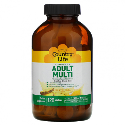 Country Life, жевательные мультивитамины для взрослых со вкусом ананаса и апельсина, 120 жевательных пластинок