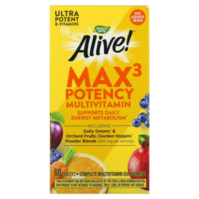 Nature's Way, Alive! Max3 Potency, мультивитамины повышенной эффективности, без добавления железа, 60 таблеток