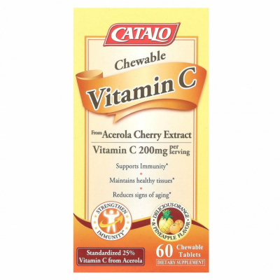 Catalo Naturals, Жевательный витамин C, апельсин и ананас, 100 мг, 60 жевательных таблеток