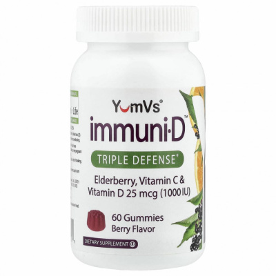 YumV's, бузина, витамины C и D, тройная защита, ягодный вкус, 25 мкг (1000 МЕ), 60 жевательных мармеладок