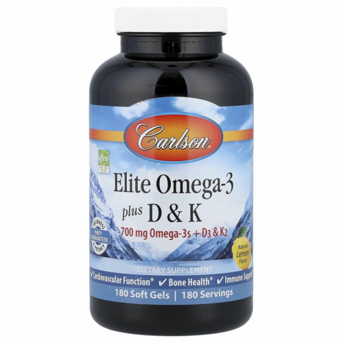 Carlson Labs, Elite Omega-3 с витаминами D и K, натуральный вкус лимона, 180 мягких таблеток