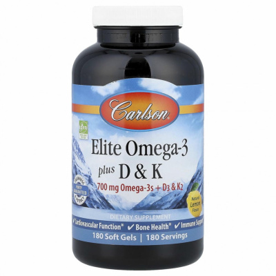 Carlson Labs, Elite Omega-3 с витаминами D и K, натуральный вкус лимона, 180 мягких таблеток