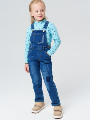 Полукомбинезон текстильный джинсовый утепленный флисом для девочек