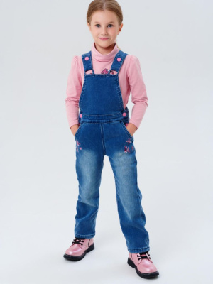 Полукомбинезон текстильный джинсовый утепленный флисом для девочек