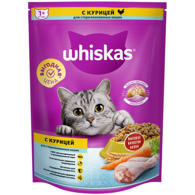 Whiskas сухой корм для стерилизованных кошек, подушечки с паштетом, с курицей - 800 г повседневный премиум для взрослых с курицей для всех пород мешок Российский корм 1 уп. х 1 шт. х 0.8 кг