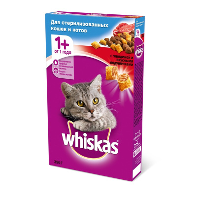Whiskas сухой корм для взрослых стерилизованных кошек с говядиной - 350 г эконом для взрослых с говядиной мешок Российский корм 1 уп. х 1 шт. х 0.35 кг