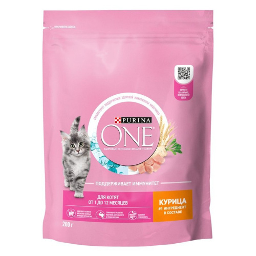 Purina One полнорационный для котят от 1 до 12 месяцев, с курицей - 200 г повседневный супер премиум для котят с курицей мешок Российский корм 1 уп. х 1 шт. х 0.2 кг