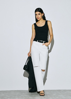 Прямые джинсы с дырками на высокой талии, Белый