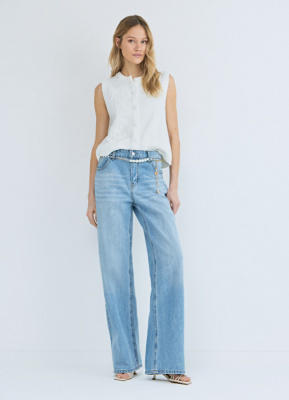 Прямые джинсы с высокой посадкой и ремнем с жемчугом, Голубой