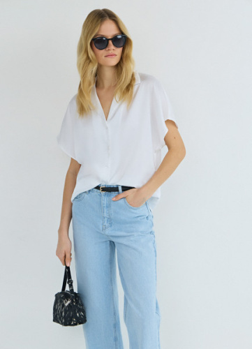 Сатиновая блузка с коротким рукавом, Белый