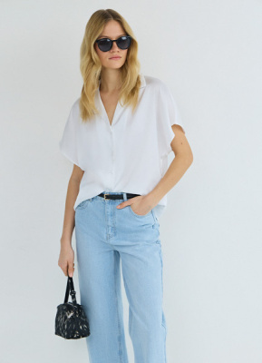 Сатиновая блузка с коротким рукавом, Белый