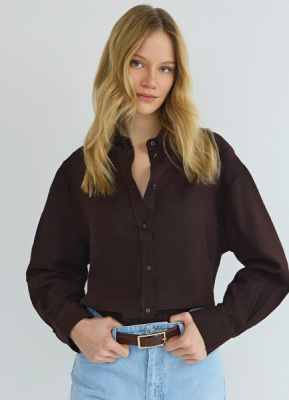 Рубашка с длинным рукавом из смесового льна, Коричневый