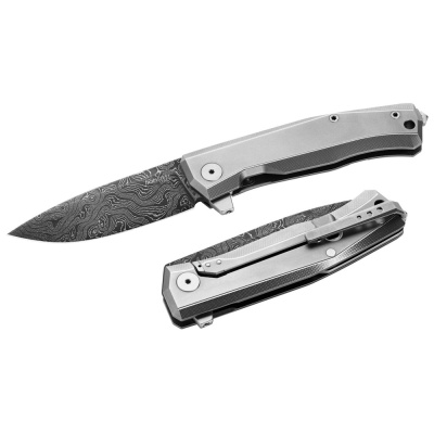 Складной нож LionSteel MT01, сталь дамаск, рукоять титан, серый