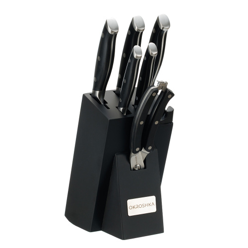 Набор кухонных ножей Okroshka Tartar в подставке, 5 ножей + ножницы, сталь 5cr15mov, рукоять сталь/пластик