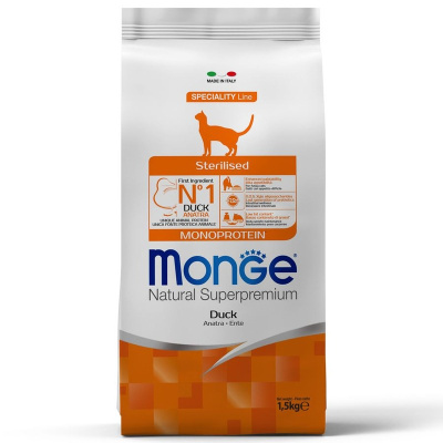 Monge Cat Speciality Line Monoprotein Sterilised полнорационный сухой корм для стерилизованных кошек, с уткой - 1,5 кг повседневный супер премиум монобелковый для взрослых с уткой мешок Импортный корм 1 уп. х 1 шт. х 1.5 кг