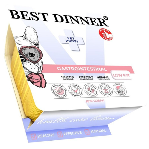 Best Dinner Vet Profi Gastrointestinal Low Fat влажный корм для собак, с ГОВЯДИНОЙ, паштет, в ламистерах - 100 г ветеринарный супер премиум для взрослых с говядиной для всех пород паштет и ламистеры Российский корм 1 уп. х 14 шт. х 1.4 кг