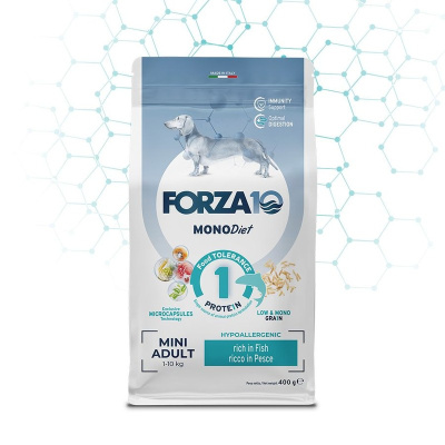 Forza10 Mini Diet сухой корм для собак мелких пород, сухой корм для склонных к пищевой аллергии, с рыбой - 400 г ветеринарный для взрослых с рыбой мешок Италия 1 уп. х 1 шт. х 0.4 кг