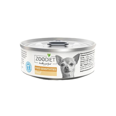 Zoodiet Food Sensitivities влажный корм для собак с чувствительным пищеварением, с ГОВЯДИНОЙ, в консервах - 100 г супер премиум с говядиной консервы (в железной банке) Российский корм 1 уп. х 6 шт. х 0.6 кг