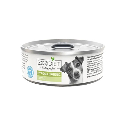 Zoodiet Hypoallergenic влажный корм для собак, с ЯГНЕНКОМ, в консервах - 100 г супер премиум с ягненком консервы (в железной банке) Российский корм 1 уп. х 6 шт. х 0.6 кг