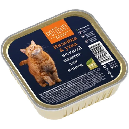 Petibon Smart влажный корм для кошек, паштет с ИНДЕЙКОЙ и УТКОЙ, в ламистерах - 100 г паштет и ламистеры Российский корм 1 уп. х 24 шт. х 2.4 кг