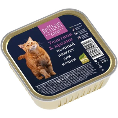 Petibon Smart влажный корм для кошек, паштет с ТЕЛЯТИНОЙ и КРОЛИКОМ, в ламистерах - 100 г паштет и ламистеры Российский корм 1 уп. х 24 шт. х 2.4 кг