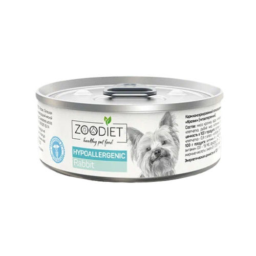 Zoodiet Hypoallergenic влажный корм для собак, с КРОЛИКОМ, в консервах - 100 г супер премиум с кроликом консервы (в железной банке) Российский корм 1 уп. х 6 шт. х 0.6 кг