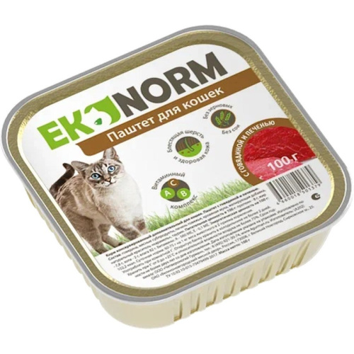 Ekonorm влажный корм для кошек, паштет с ГОВЯДИНОЙ и печенью, в ламистерах - 100 г паштет и ламистеры Российский корм 1 уп. х 24 шт. х 2.4 кг