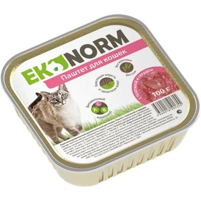 Ekonorm влажный корм для кошек, паштет с ТЕЛЯТИНОЙ и сердцем, в ламистерах - 100 г паштет и ламистеры Российский корм 1 уп. х 24 шт. х 2.4 кг
