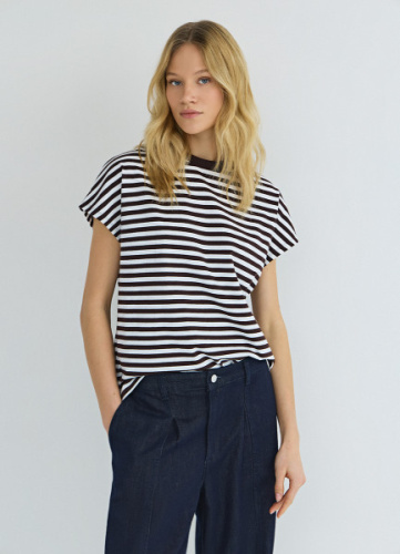 Футболка в полоску со спущенным плечом, Коричневый