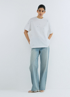 Футболка с цветочным декором из пайеток, Белый