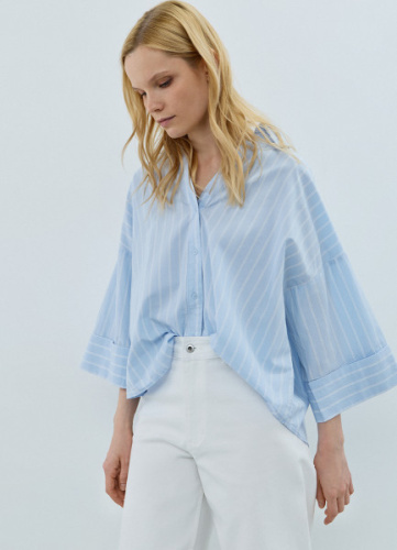 Рубашка в полоску с рукавом 3/4, Голубой