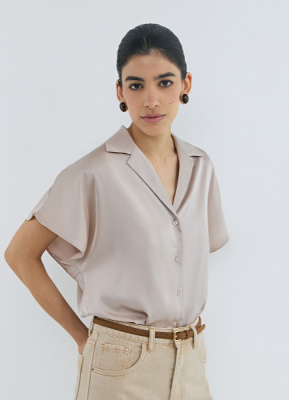 Сатиновая блузка с коротким рукавом, Бежевый