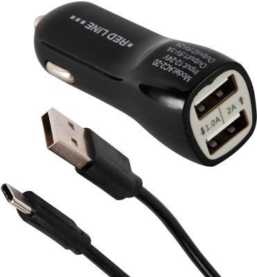 Автомобильное зарядное устройство Red Line AC2-20 USB/USB с кабелем USB-C 10 Вт Чёрное