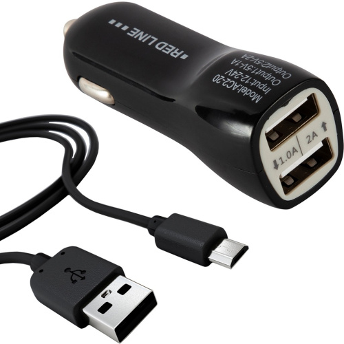 Автомобильное зарядное устройство Red Line AC2-20 USB/USB с кабелем microUSB 10 Вт Чёрное