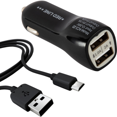 Автомобильное зарядное устройство Red Line AC2-20 USB/USB с кабелем microUSB 10 Вт Чёрное