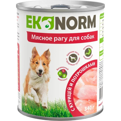 Ekonorm влажный корм для собак, мясное рагу с КУРИЦЕЙ и потрошками, в консервах - 340 г эконом для взрослых с курицей консервы (в железной банке) Российский корм 1 уп. х 6 шт. х 2.04 кг