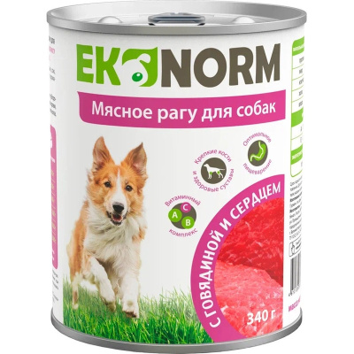 Ekonorm влажный корм для собак, мясное рагу с ГОВЯДИНОЙ и сердцем, в консервах - 340 г эконом для взрослых с говядиной консервы (в железной банке) Российский корм 1 уп. х 6 шт. х 2.04 кг