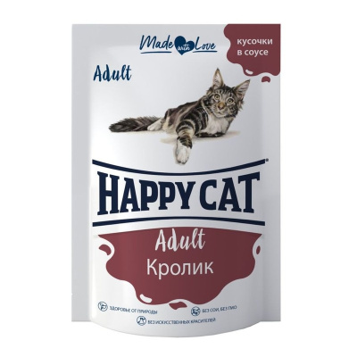 Happy Cat влажный корм для кошек, с КРОЛИКОМ, в соусе, в паучах - 85 г повседневный супер премиум для взрослых с кроликом паучи Российский корм 1 уп. х 24 шт. х 2.04 кг