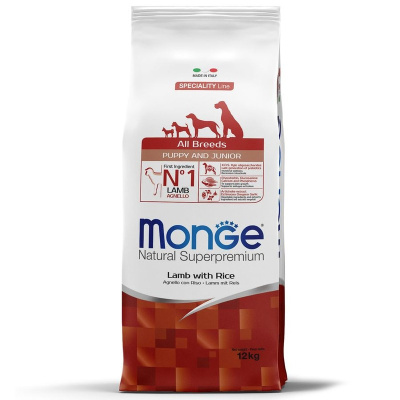 Monge Dog Speciality Line Puppy &amp; Junior полнорационный сухой корм для щенков, с ягненком и рисом повседневный супер премиум для щенков с ягненком для всех пород мешок Импортный корм 1 уп. х 1 шт. х 12 кг