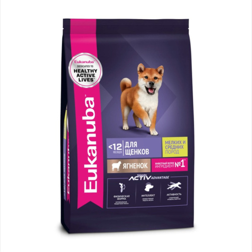 Eukanuba сухой корм для щенков мелких и средних пород до 12 месяцев, с ягненком - 800 г повседневный супер премиум для щенков с ягненком породы мелкого размера мешок Российский корм 1 уп. х 1 шт. х 0.8 кг