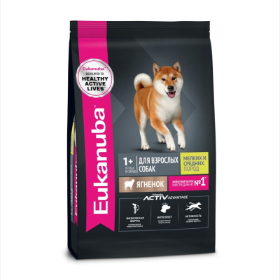 Eukanuba сухой корм для взрослых собак мелких и средних пород старше 1 года, с ягненком - 3 кг повседневный супер премиум для взрослых с ягненком породы мелкого размера мешок Российский корм 1 уп. х 1 шт. х 3 кг
