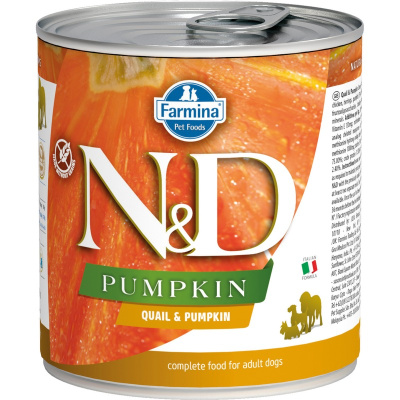 Farmina N&amp;D Pumpkin Dog влажный беззерновой корм для взрослых собак с тыквой и перепелом - 285 г (6 шт в уп) повседневный супер премиум беззерновые для взрослых с перепелкой для всех пород консервы (в железной банке) Импортный корм 1 уп. х 6 шт. х 1.7