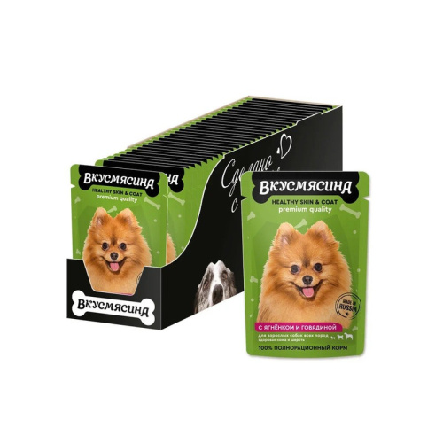 Вкусмясина влажный корм для собак, здоровая кожа и шерсть, кусочки с ЯГНЕНКОМ и ГОВЯДИНОЙ в соусе, в паучах - 85 г премиум для взрослых с ягненком паучи Российский корм 1 уп. х 30 шт. х 2.55 кг