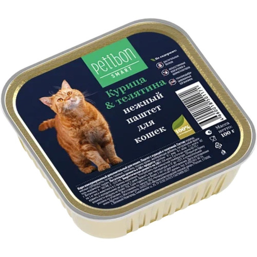 Petibon Smart влажный корм для кошек, паштет с КУРИЦЕЙ и ТЕЛЯТИНОЙ, в ламистерах - 100 г премиум для взрослых с курицей паштет и ламистеры Российский корм 1 уп. х 24 шт. х 2.4 кг