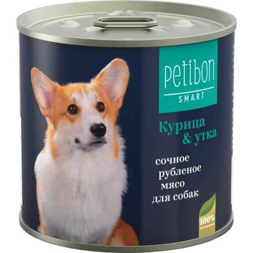 Petibon Smart влажный корм для собак, рубленое мясо с КУРИЦЕЙ и УТКОЙ, в консервах - 240 г премиум для взрослых с курицей консервы (в железной банке) Российский корм 1 уп. х 6 шт. х 1.44 кг