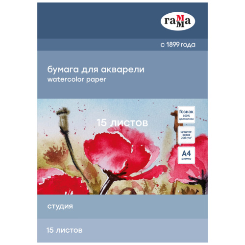 Папка для акварели Гамма "Студия" А4 15 л 200 г, среднее зерно