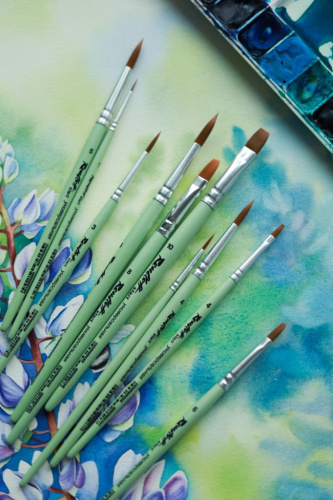 Кисть синтетика коричневая плоская Roubloff "start" короткая ручка, зелёная матовая, серебристая