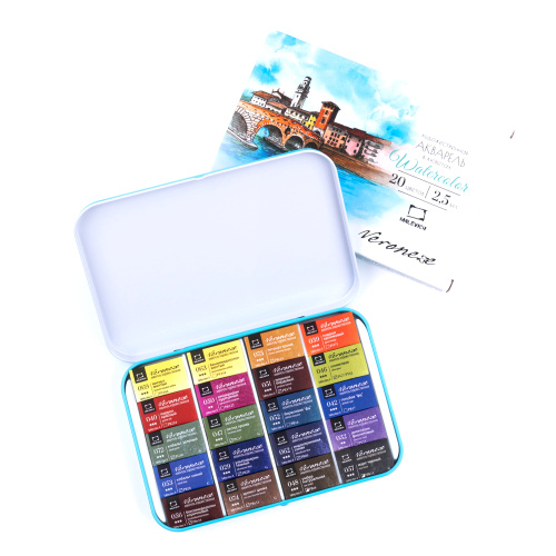 Набор акварели Малевичъ "Veroneze" , кюветы 2,5 мл, 20 цветов, металлическая коробка