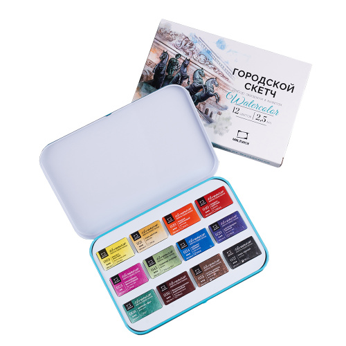 Набор акварели Малевичъ "Veroneze" Городской скетч, кюветы 2,5 мл, 12 цветов, металлическая коробка