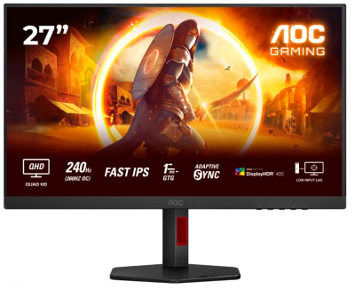 Монитор 27" AOC Q27G4ZR 2560x1440, WLED, 16:9, IPS, 400cd/m, 1000:1, 0.3ms, 178°/178°, 2*HDMI, DP, 240Hz, black-red